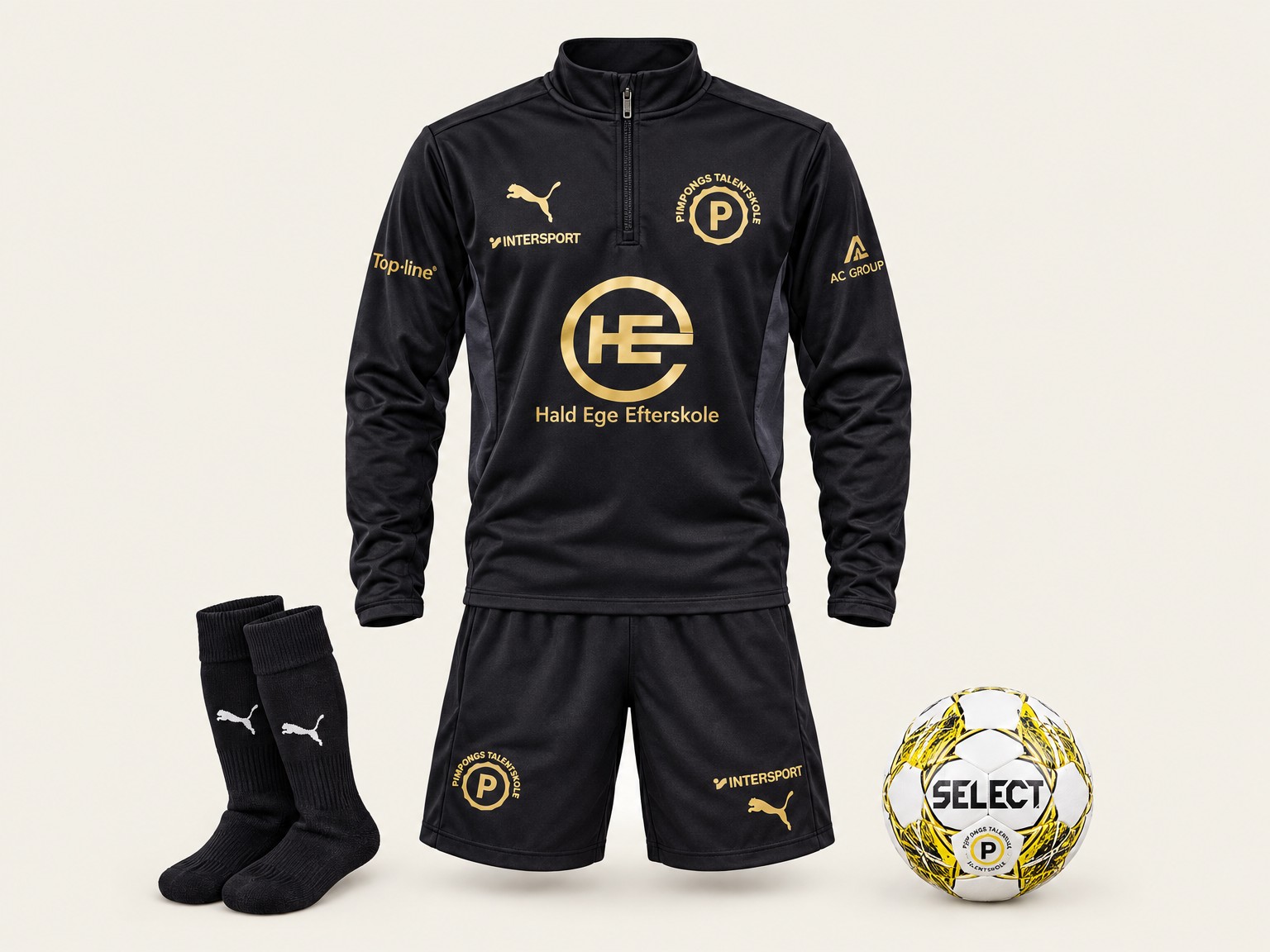 Tøjpakken: sort PUMA quarter-zip trøje med guldtryk, shorts, strømper og en Select-fodbold